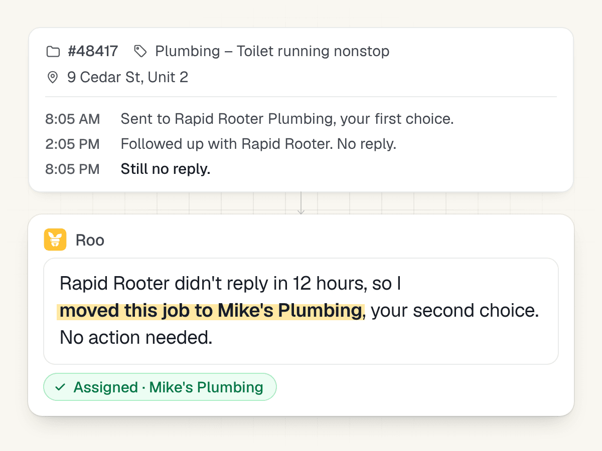 Rapid Rooter Plumbing doesn't reply to a work order for 12 hours, so ROO moves the job to Mike's Plumbing, the second choice, and notes that no action is needed.