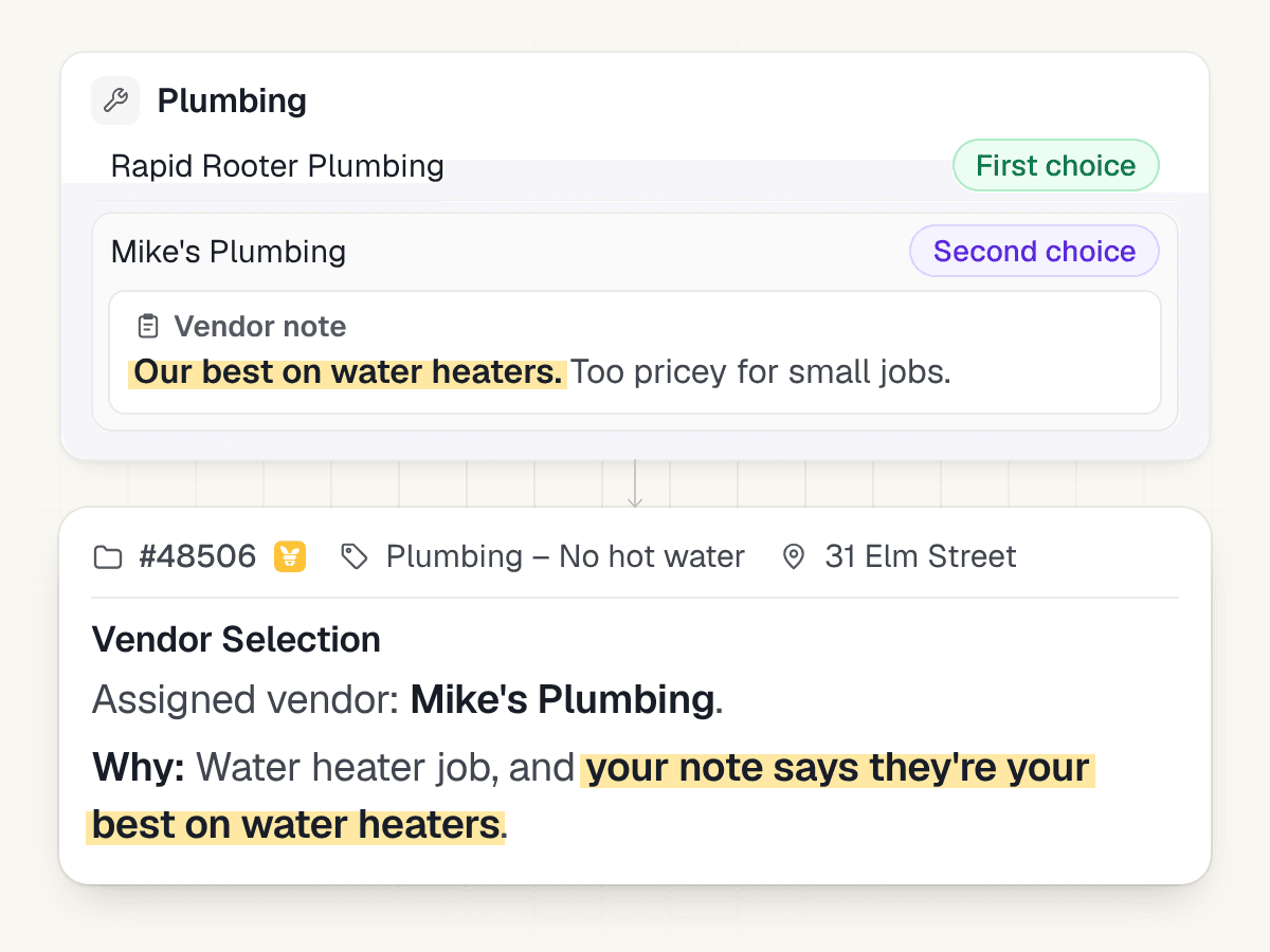 A no-hot-water job goes to Mike's Plumbing, the second choice on the go-to list, because the vendor note says they're the best on water heaters.