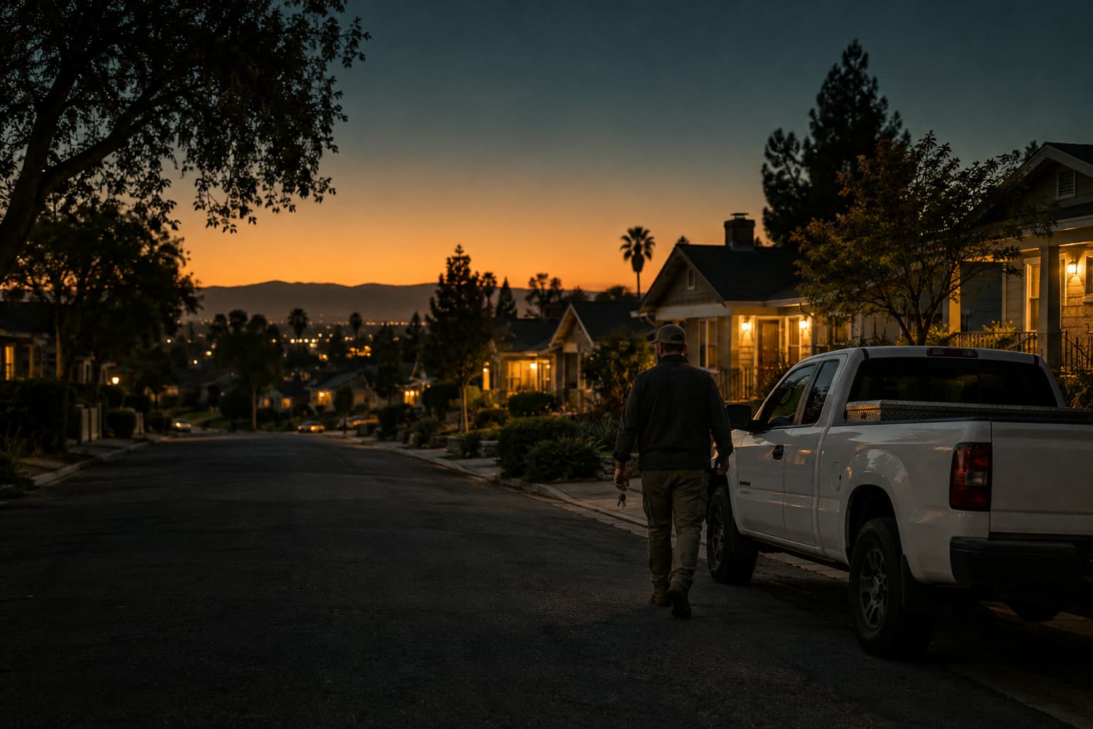 A property manager walking to a work truck on a quiet residential street at dusk