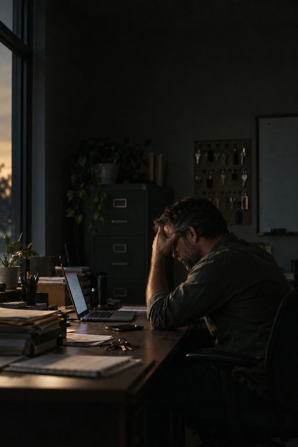 A property manager at a laptop late in the day, head in hand